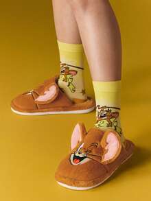 TOM & JERRY X SHEIN Dép đi trong nhà chống trượt họa tiết hoạt hình thêu 3D thời trang cho bé gái, chất liệu vải nhung mềm mại, ấm áp, đế bền, phòng ngủ, phòng máy lạnh, mùa xuân thu, phù hợp cho cả nam và nữ, màu nâu nhạt - màu nâu - Xem 12