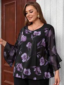 EMERY ROSE Blusa holgada con cuello redondo y mangas acampanadas con estampado floral para mujer de talla grande - Multicolor - Ver 5
