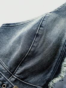 ROMWE Hippie Y2K Baddie Streetwear Sexy V-Neck Distressed Denim Crop Top For Women