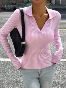 DAZY Damtröja med ribbad polotröja, långärmad, smal passform, casual, höst/vinter - Rosa - Visa 6