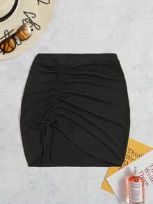 SHEIN Swim Women's Solid Color Drawstring Asymmetric Hem Cover-Up & Mini Skirt Set - Black - View 5