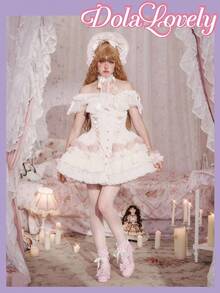 Dola Lovely 女士粉色洛丽塔风格蝴蝶结珍珠链条踝靴，蕾丝装饰，优雅中跟系带靴，洛丽塔时尚，适合作为圣诞节、万圣节、感恩节礼物，秋冬季穿着 - 粉色 - 查看 3