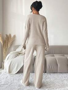 EURMUSE Women V-Neck Drop Shoulder Long Sleeve Top And Pants 2 Pieces Set, Casual - Mocha Brown - View 2