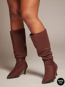 SHUZIA #WideCalf Women's 2.25" Slanted Kitten Heel & Pointed Toe Fabric Suede Brown Sleek Knee-High Boots– Designer-Inspired Elegance That Elevates Any Outfit With A Sophisticated, Chic Touch - Coffee Brown - View 2