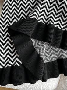 Vestito in maglia a collo alto con volant, motivo a onda triangolare, nero e bianco, stile scolastico, vestito comodo e stretch, versatile, adatto per Natale e vacanze - Bianco e nero - Visualizzare 8