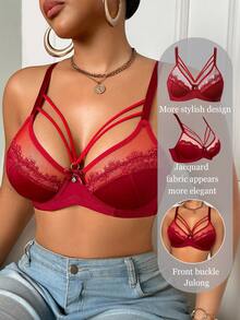 1pc Christmas Lace Patchwork Women Underwire Bra Lingerie Bra - Burgundy - View 1
