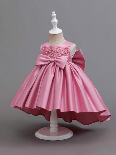 SHEIN Glamorique Kids Baby Girls' Satin Dress With Bow, Floral Lace Trim And Train, White Flower Girl Dress For Wedding, Christening, 1st Birthday