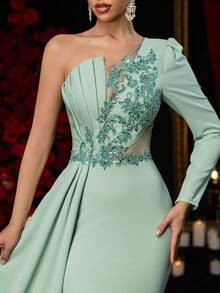 Glamrae Elegant Dark Green Textured Knit Dress,Handmade Sequin Applique Embellishments,One-Shoulder Puffy Long-Sleeved Fishtail Skirt With Train Evening Gown - Green - View 3