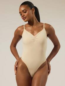 MUSERA ESSENTIALS Ruched Center Adjustable Strap Low Back Fitted Bodysuit Basic Autumn  Casual Going Out Everyday Night Out Sexy Cute Cosy Spring - Cream - View 1