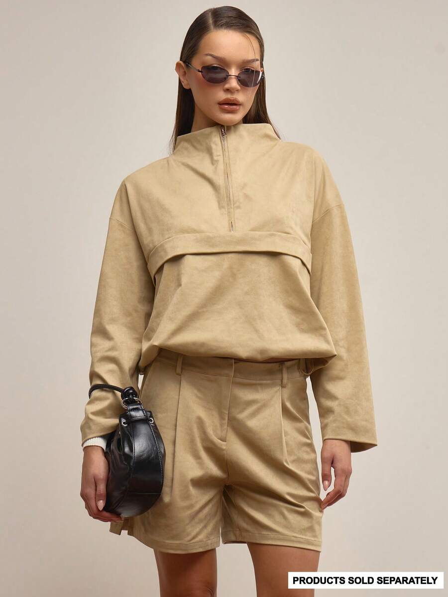 MUSERA Suede Oversized Half Zip Long Sleeve Top Jacket Only Elegant ...