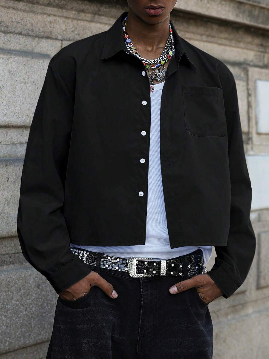 PAVTROS 年轻男士街头风格百搭单品：纯色短袖衬衫，适合街头穿着、日常休闲、周末出游、音乐节、社交聚会等场合。这款衬衫是男士衣橱中必备的百搭单品，是送给男朋友或老公的绝佳礼物。 - 黑色 - 查看 1