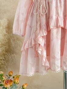 Soleia Plus Size Women Elegant Solid Color Jacquard Ruffle Hem Dress, Autumn - Pink - View 9