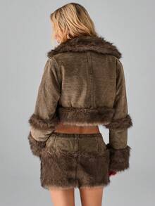 TRNVIE Women's Casual Fuzzy Trim Denim Jacket - Brown - View 2