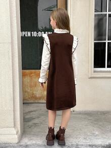 SHEIN Tween Girls Apricot Dark Brown Jacquard Bow Tie Off-The-Shoulder Long Sleeve Sweater Dress,Vintage Autumn Back-To-School Family Matching Formal Dress - Brown - View 11