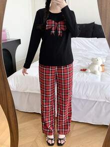 青少年女孩2件組睡衣套裝，紅色，秋季，可愛，家庭款黑色長袖格紋刺繡蝴蝶結上衣與寬鬆長褲，休閒居家服 - 彩色 - 查看 4