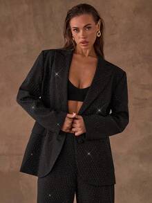 SHEIN BAE Women's Glitter Rhinestone Embellished Long Sleeve Elegant Party Blazer - Black - View 5