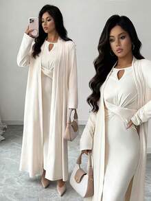 Elenzga Round Neck Hollow Out Brushed Knit Ribbed Autumn/Winter Warm Bodycon Waist Design Dress Long Sleeve, Can Be Worn Inside Or Outside, Shawl Collar Open Front Loose Long Cardigan, Elegant French Style Commuting & Date 2-Piece Set For Women