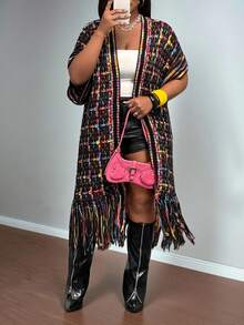 Slaydiva Áo khoác cardigan dệt kim dáng rộng tay ngắn kẻ sọc cánh dơi cỡ lớn cho nữ - Nhiều màu - Xem 13