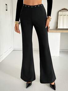Siren Gaze Women's Casual Metallic Eyelet Flare Pants,Autumn Black Business Bell Bottom Slacks,Elegant Winter Night Wide Leg Dress Pants Fold Over Rhinestone - Black - View 2