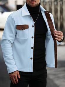 Manfinity Homme Men's Long Sleeve Casual Commuter Coat, Autumn/Winter Button Placket Light Blue Coat - Blue - View 6
