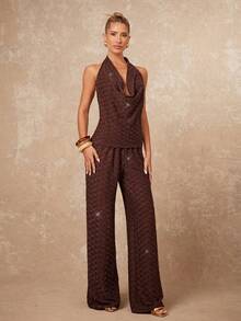 Lumalex 夏季奢华天鹅绒挂脖无袖直筒裤女款两件套 - 棕色 - 查看 3