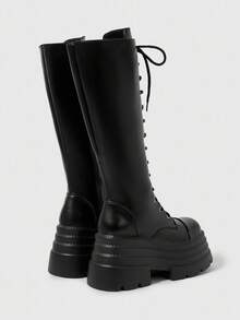 ROMWE Grunge Punk 女式深色朋克哥特式交叉绑带靴，皮革表面派对长靴，带扣带马靴，过膝高筒靴，万圣节