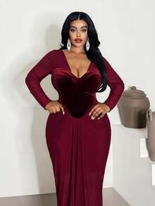Maweii Damen Samtkleid in Große Größen mit langen Ärmeln, geeignet für Ball, Date, Party, tailliert, bodenlang - Bordeaux - Übersicht 6
