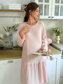 SHEIN Camisón de cuello redondo de manga larga con volantes de punto de gofre de unicolor, para invierno