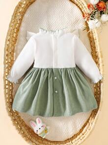 新生女宝宝白色长袖蕾丝领拼布粉色蝴蝶结连衣裙秋冬新款优雅复古可爱面料舒适 - 綠色 - 查看 3