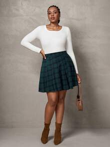 SHEIN Tall CURVE Plus Size Vintage Plaid Pleated A-Line Skirt/Winter - Green - View 3