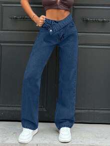 EURMUSE PETITE 100%Cotton Women's Mid-Blue Straight-Leg Jeans - Dark Wash - View 7