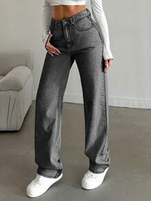 EURMUSE 100%Cotton Straight Leg Jeans Snow Wash - Grey - View 6