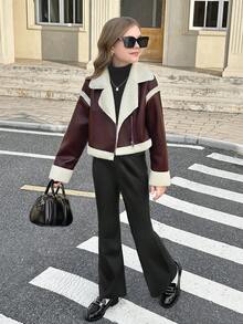 SHEIN 青少年女孩纯色翻领短款保暖长袖夹克 - 酒紅色 - 查看 4