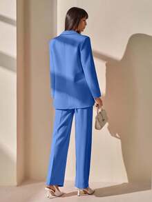CLARA VERO Blazer With Single Button Closure And Flap Pockets, Paired With Matching High-Waist Trousers, Elegant Two Pieces Suit Set - Biru - View 2