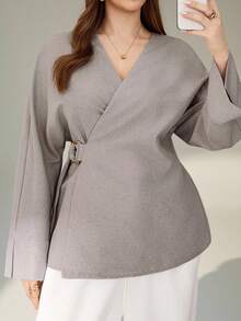 Auralis 环绕式交叉 V 领侧系带腰部可调节长袖优雅通勤高街现代长袖宽松大码女式衬衫/办公室女士卡其色上衣，秋季 - 卡其色 - 查看 4