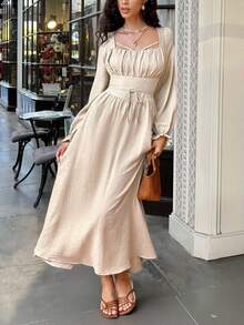 Serisse 女士优雅浪漫方领褶饰连衣裙 - 杏色 - 查看 4