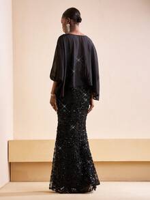 Zivah 2025 Autumn/Winter New Music Festival, Easter, St. Patrick's Day, Western, Nomadic, Birthday Party, Graduation, College Style, Student, Daily Wear, Basic Versatile, Casual, Vacation, Cruise Travel, Beach, Sunbathing, Viral , Streetwear, Wedding Guest Boho, Commute, Brunch, Airport, Party, Holiday Outing, Elegant Gala Round Neck Mesh Sleeve Slip Dress, Long Dress, Black Sequin Dress - Black - View 2