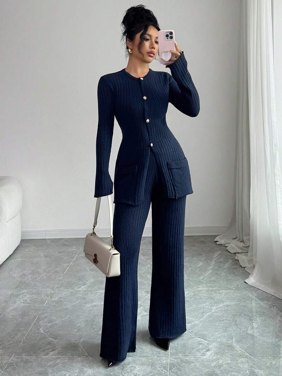 Elenzga 女士罗纹针织套装 - 金属纽扣圆领开衫 + 修身喇叭裤，优雅通勤两件套 - 藏蓝色 - 查看 1