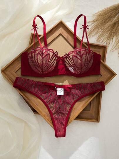 SHEIN 2pcs Black Heart Lace Bralette & Panty Set, Sexy Sheer Lingerie Set For Women Butterfly Lingerie Set Burgundy Lingerie Set Red Bra And Panty Set Dark Red Lingerie Set Maroon Lingerie