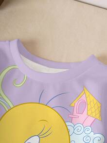 LOONEY TUNES X SHEIN Baby Girl Casual Cute Cartoon Pattern Crew Neck Sweatshirt, Autumn - White - View 6