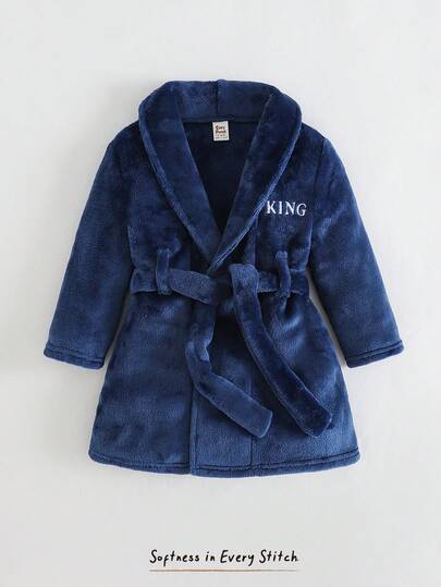 Cozy Pixies Baby Boy Letter Embroidered Fleece Lined Long Sleeve Robe With Tie Waist, Toddler Boy Plush Long Robe, Bathrobe, Moisture-Wicking Warm Sleepwear, Comfortable Versatile Casual Basic Toddler Boy Clothes For Autumn/Winter, Suitable For Indoor, Outdoor Leisure, Skiing, Back To School, Daily Wear, Sports, Play, Party, Festival, Halloween, Christmas, New Year, Valentine's Day, Photography, Indoor And Outdoor Matching Toddler Boy Robe Toddler Boy Bathrobe Toddler Bathrobe