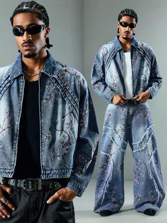 Street Life Chaqueta vaquera casual versátil de manga larga con hombros caídos y cuello bordado para hombres