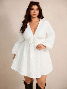 Elaquor Plus Size Solid Color Minimalist V-Neck Tie Front Long Sleeve Dress - White - View 4
