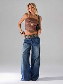 TRNVIE Quần jeans ống rộng cạp thấp giặt thường ngày cho nữ - Rửa tối - Xem 1