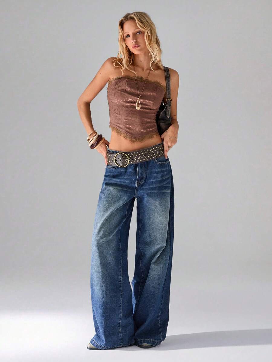 TRNVIE Quần jeans ống rộng cạp thấp giặt thường ngày cho nữ - Rửa tối - Xem 1