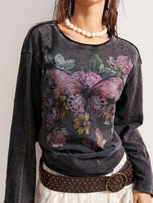 Bohemela Áo thun nữ cổ tròn tay dài dáng rộng, giặt thoải mái - màu đen - Xem 3