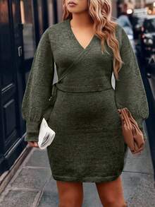 EMERY ROSE Plus Size Women Solid Color V-Neck Knitted Sweater Dress, Elegant Casual Autumn/Winter Dress Suitable For Christmas, Halloween, Back To School Season - Green - View 3