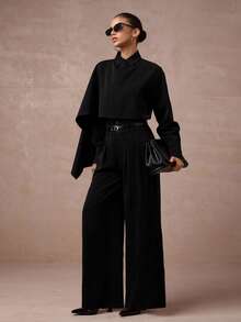 Lumalex 2件套女式高腰束腰中长连衣裙和长袖西装外套套装 - 黑色 - 查看 3