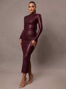 Silquee Women's Autumn And Winter Simple Daily Date Elegant Fashion Tight Sexy Solid Color Super Elastic PU Women's Big U-Neck Sleeveless Romantic Date Autumn And Winter Bottoming Dress Night Wear High Quality Garri Cloth, Shoulder Pad Design Full Of Aura, Solid Color Brown Mid-Length Slim Dress