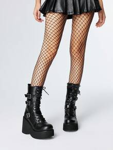 ROMWE Goth Bottes mi-mollet style punk à semelle épaisse et plateforme, noires mates pour femmes. Bottes de combat confortables avec bout rond, boucle métallique et décoration, style gothique. Idéal pour Halloween